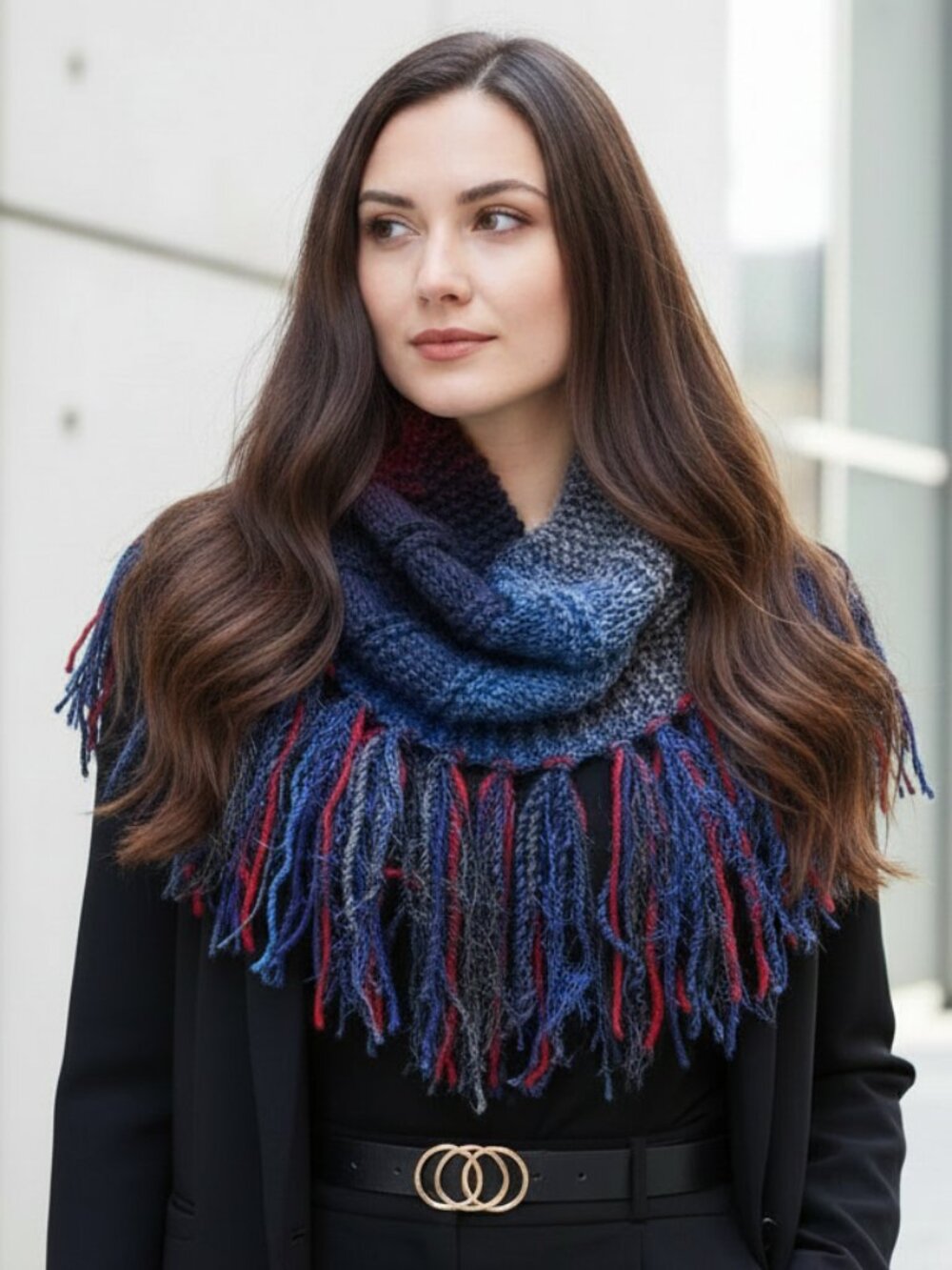 NEW Cowl Scarf Fringe Hand Knitted Blue Burgundy Gray Boho Coastal Cottage Artsy